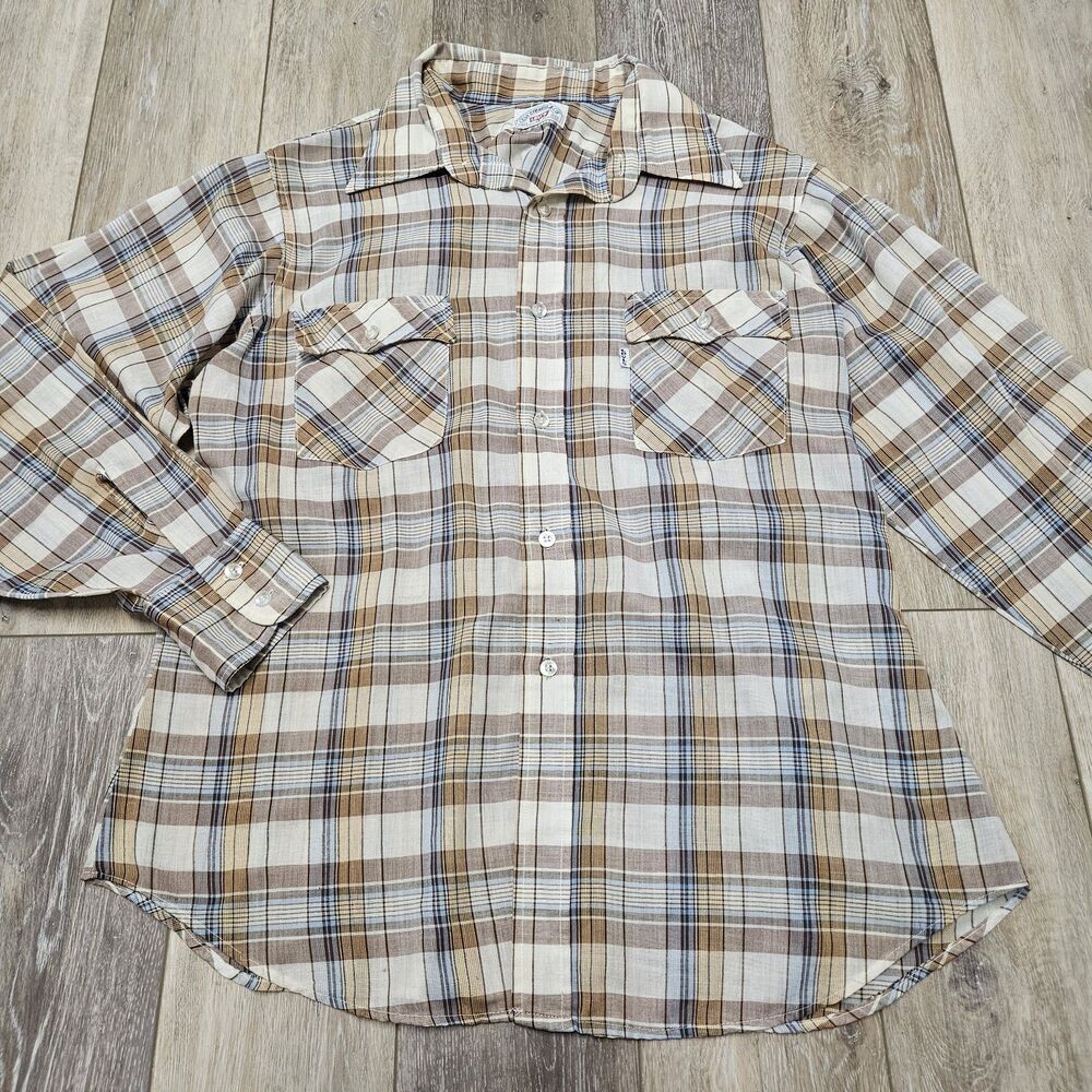 Levi Strauss & Co Vintage Tan Beige Plaid Button Up Shirt Long Sleeve Men's XL